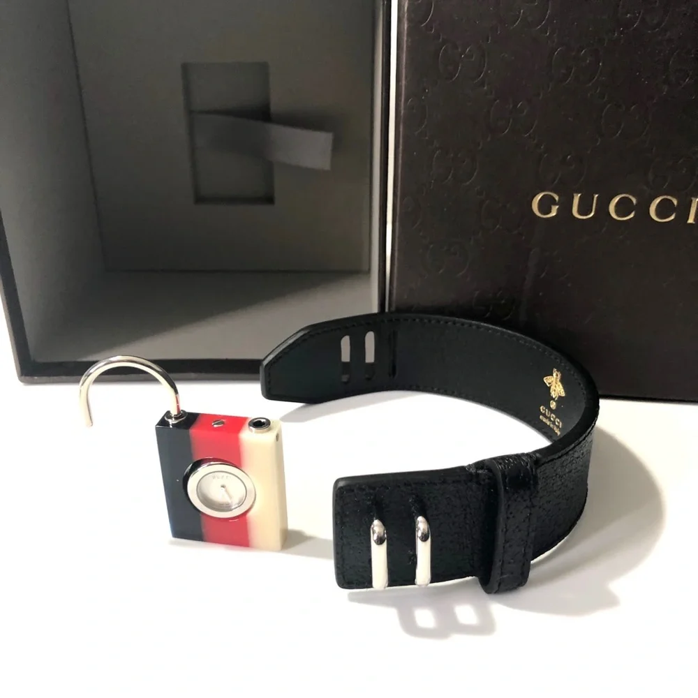 Gucci Black Leather Bracelet Watch with Red, White & Blue Pendant